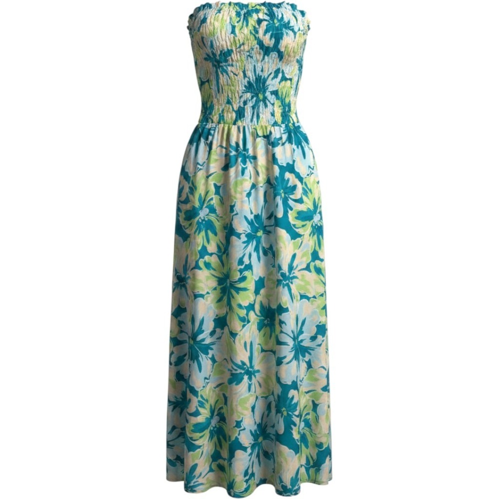 Seven Wonders Floral Smocked Strapless Maxi Dress Blue Green Medium US 6 Boho